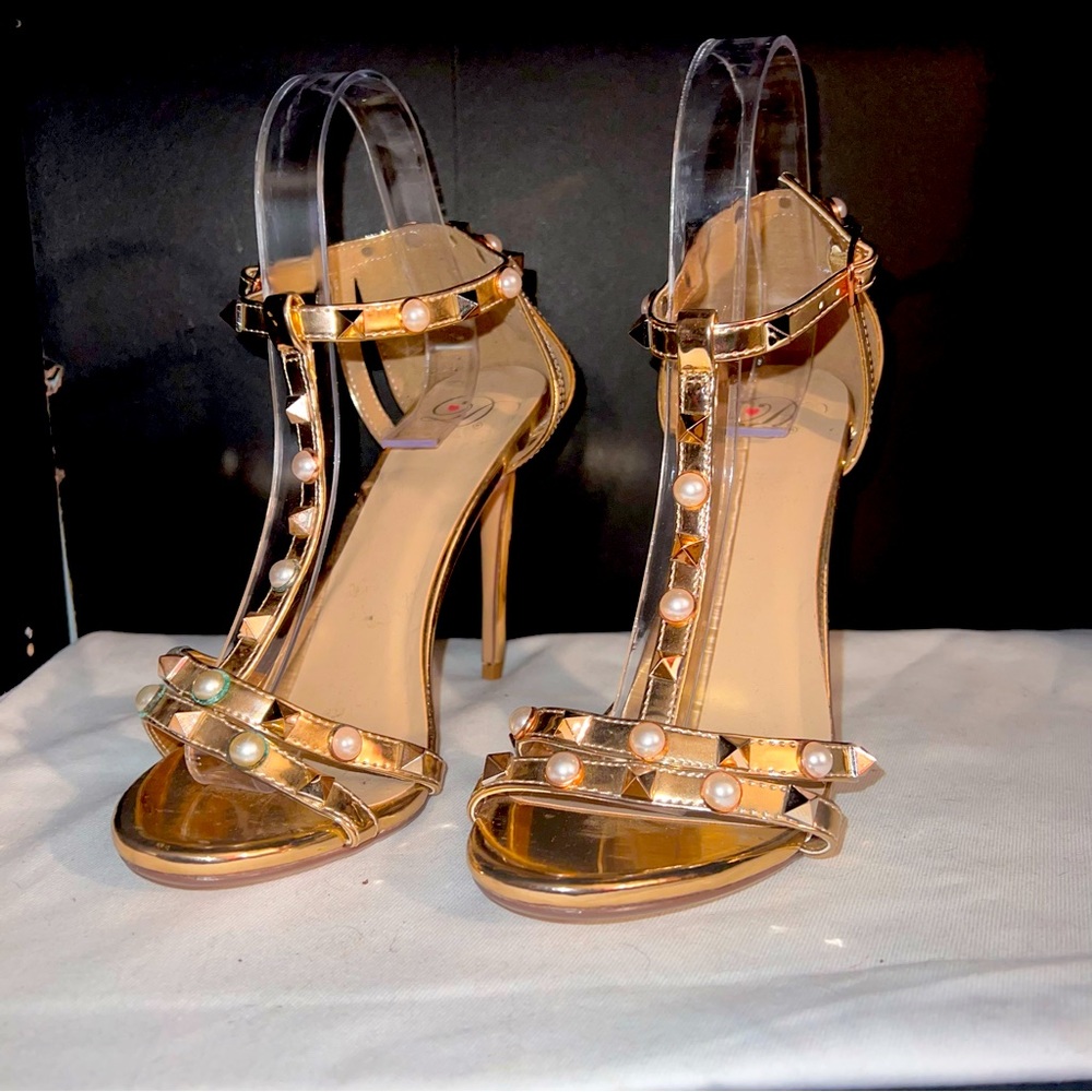 Metallic gold T-strap sandals with pearls and studs